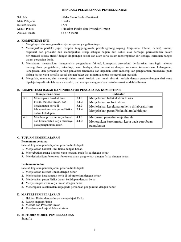 10 Rpp Fisika Sem 1 Kd 3 1 Hakikat Fisika Dan Prosedur Ilmiah