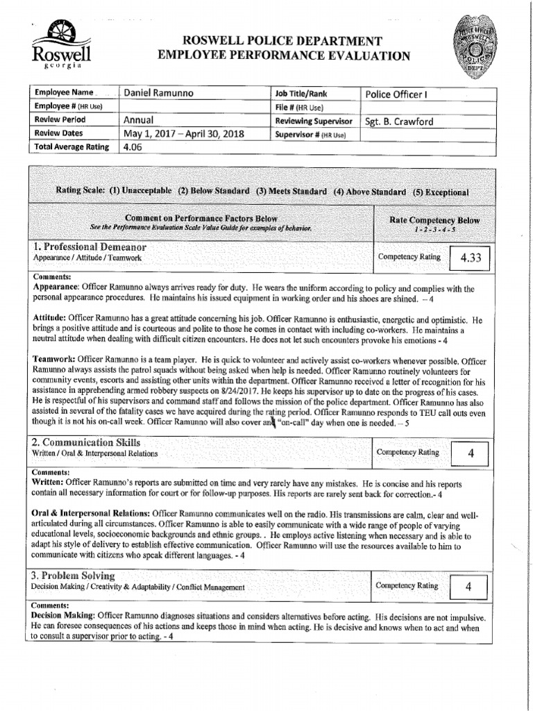 Officer Ramunno April 2018 Performance Evaluation | PDF