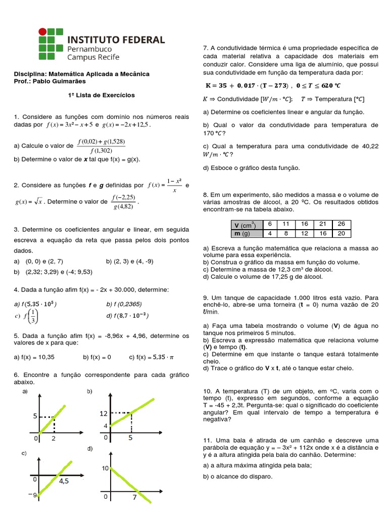 1ª Lista de exercícios - Funções 1º e 2º graus | Temperatura | Função ...