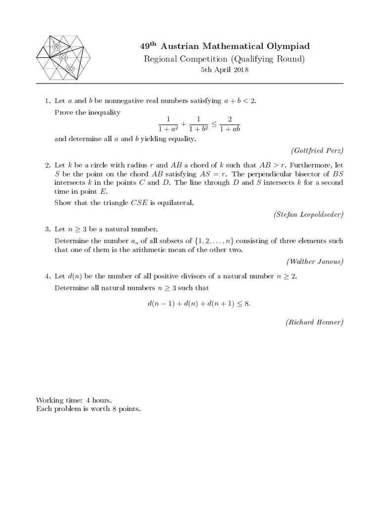 49th Austrian Math Olympiad Problems | PDF