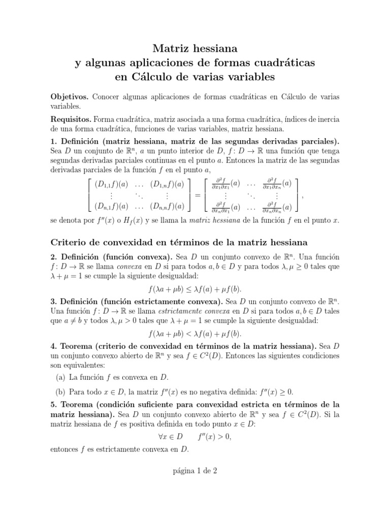 Quadratic Forms and Hessian Matrix PDF PDF Conjunto convexo