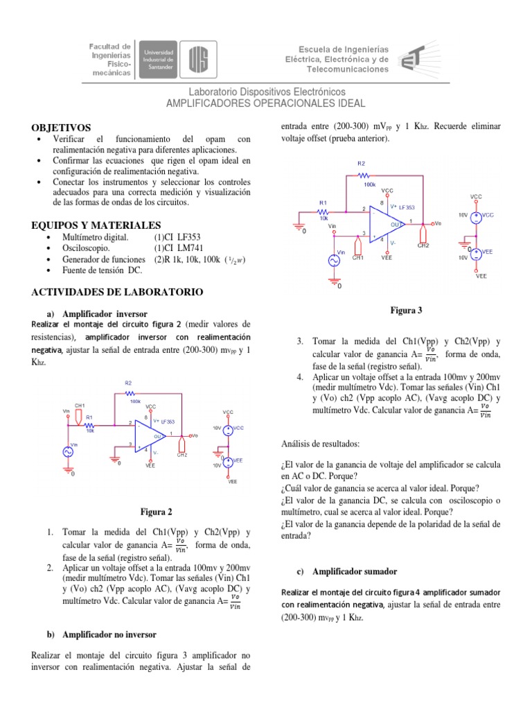 Practica 1 Dispositivos (Opam Ideal) | PDF | Amplificador operacional ...