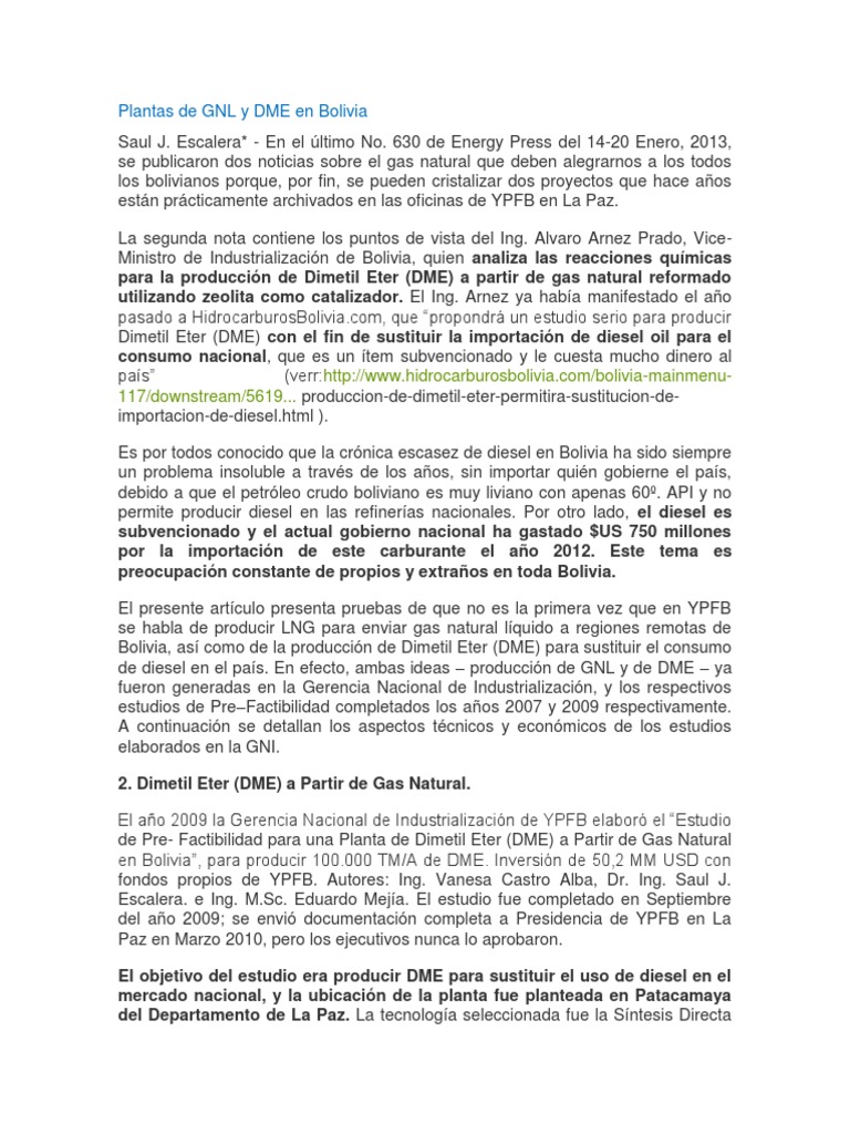 Producción de DME y GNL en Bolivia | PDF | Gas natural licuado | Bolivia
