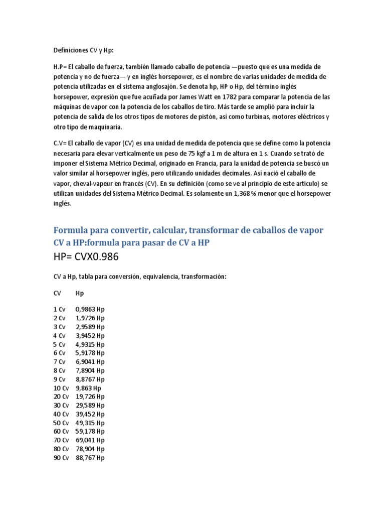 Equivalencia CV y HP: Conversión y Tabla | PDF | Caballo de fuerza ...