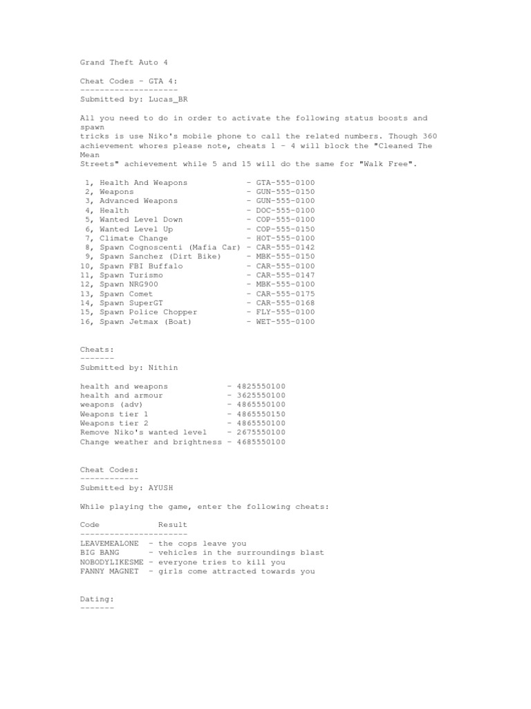 Gta4 Cheats Leisure