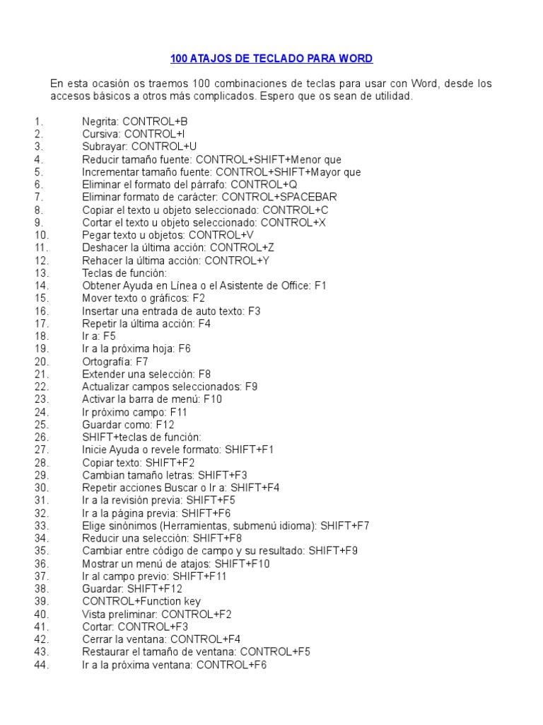 100 Atajos de Teclado para Word Ventana (informática) Microsoft Word