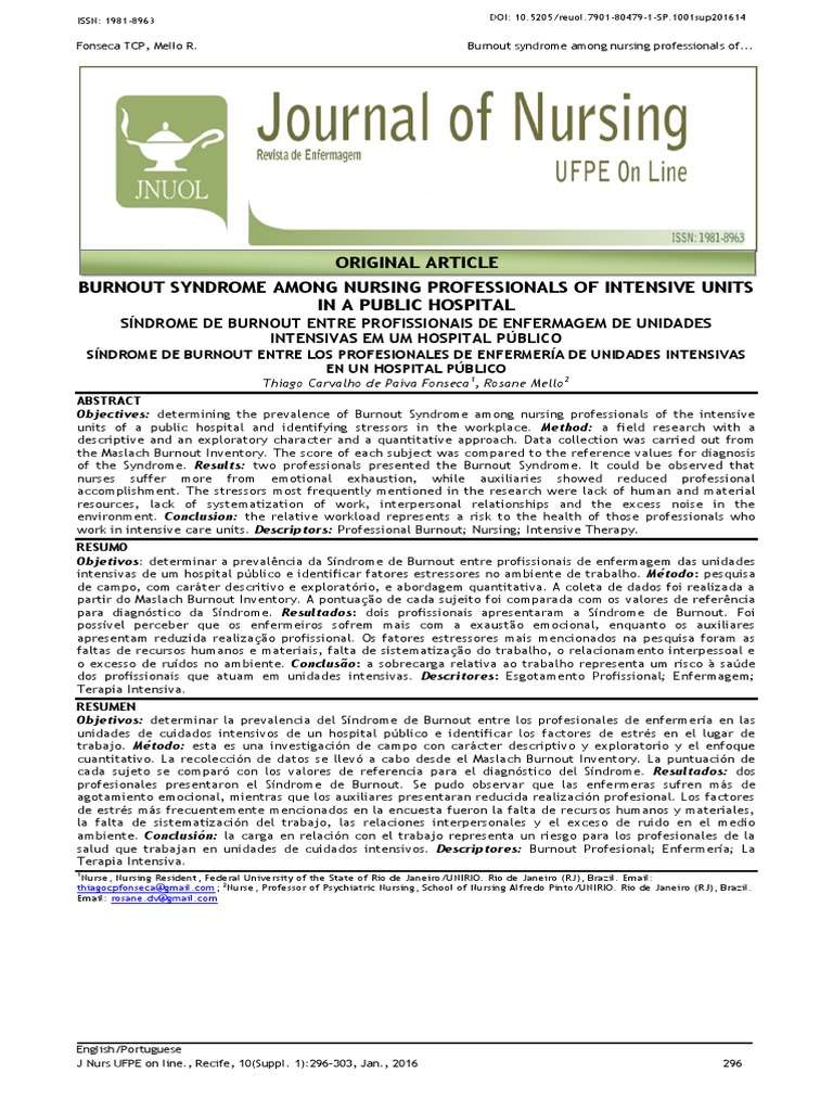 Burnout Syndrome Among Nursing Professionals of Intesive Units in ...