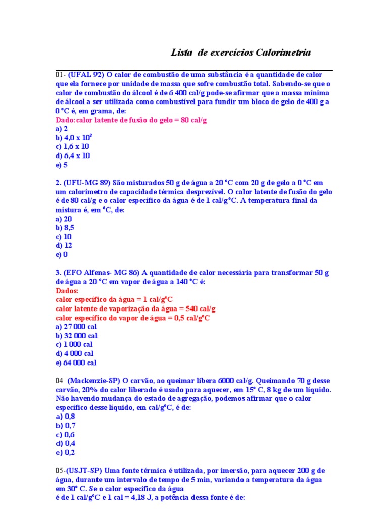 Lista - de Exercicios - Calorimetria | Capacidade Térmica | Calor Latente