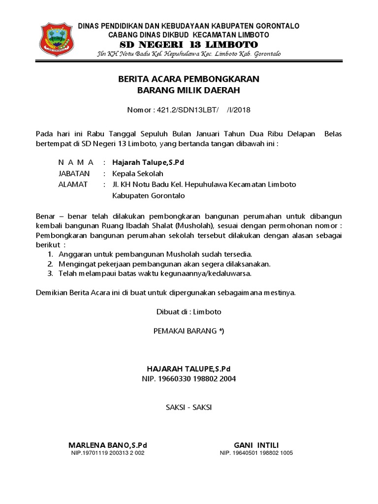 Berita Acara Pembongkaran Gedung Sdn 13 Limboto