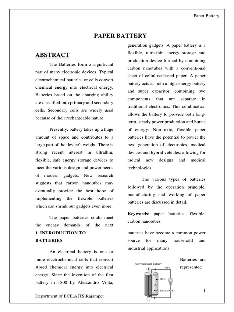 Paper Battery Keywords Paper Batteries, Flexible PDF Battery