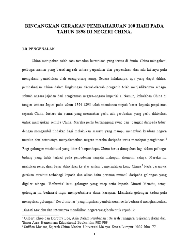 Bincangkan Gerakan Pembaharuan 100 Hari Pada Tahun 1898 Di Negeri China Pdf