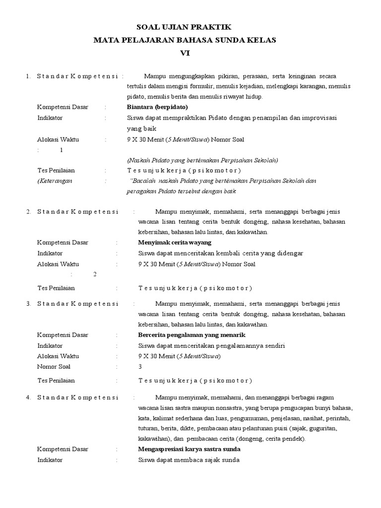 Soal Ujian Praktik Basa Sunda Sd Vi