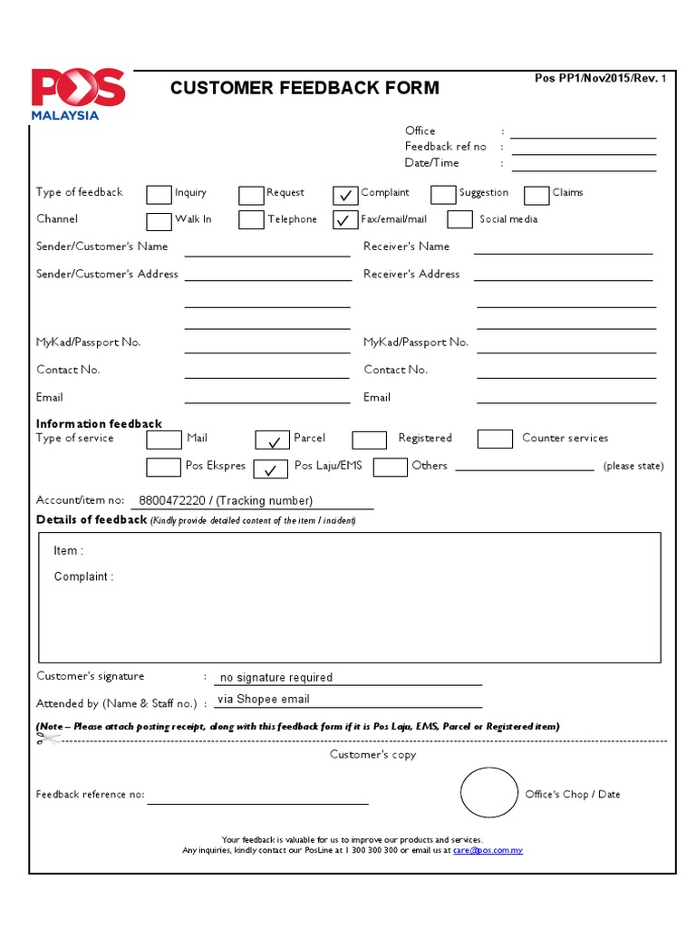 Customer Feedback Form(Customer Fill Up) pos LAJU Mail Point Of Sale
