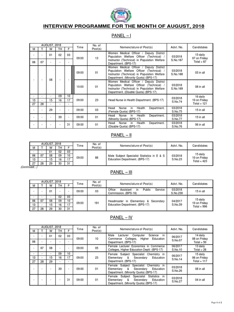 August 2018 Interview Schedule for Posts | PDF
