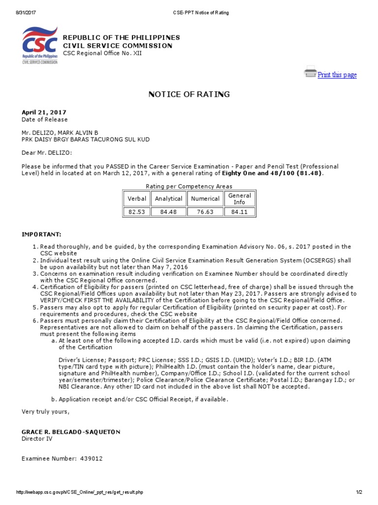 CSE-PPT Notice of Rating for Passers | PDF | Identity Document ...