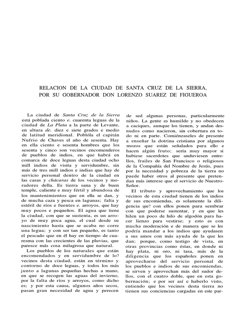 Lorenzo Suárez de Figueroa Relación de Santa Cruz de La Sierra, 1586