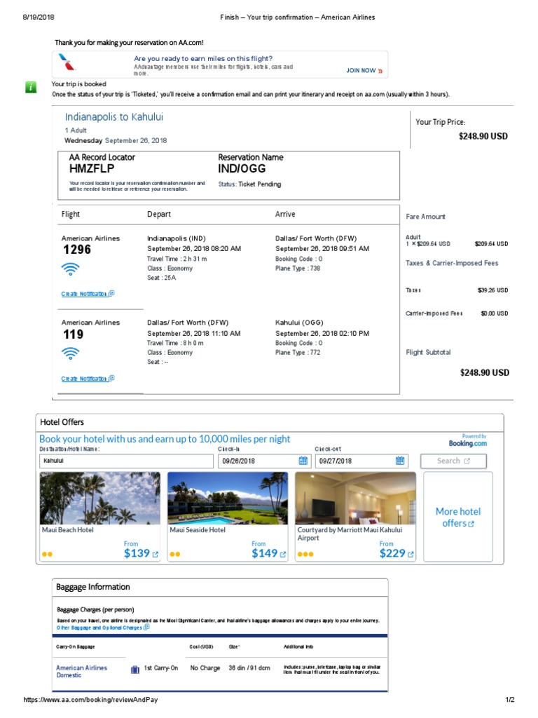 Finish Your Trip Confirmation American Airlines PDF American