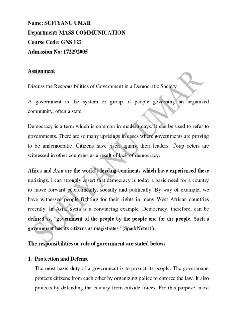 Disccus The Role Or Responsibilities Of Government In Our Society | Pdf |  Democracy | Political Ideologies
