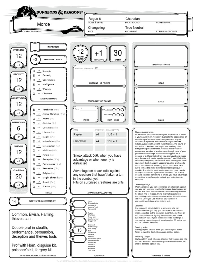 Morde: Rogue 6 Charlatan Changeling True Neutral | PDF | Role Playing ...