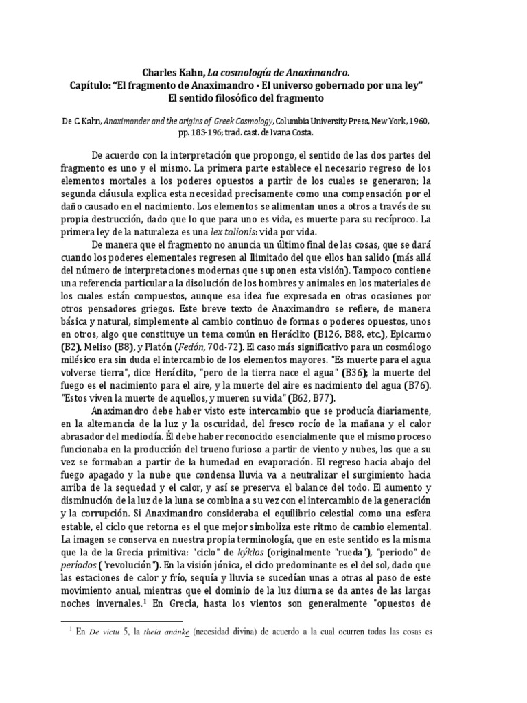 Kahn - La Cosmología de Anaximandro | PDF | Aristóteles | infinito