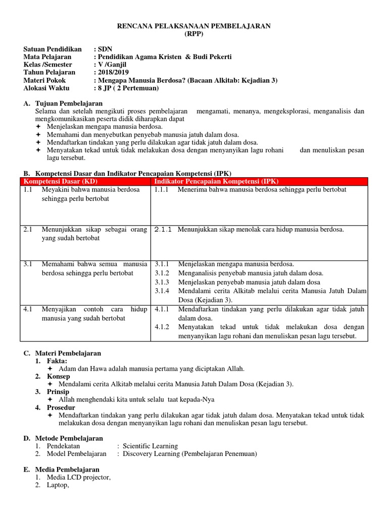 Rpp Agama Kristen Semester Satu