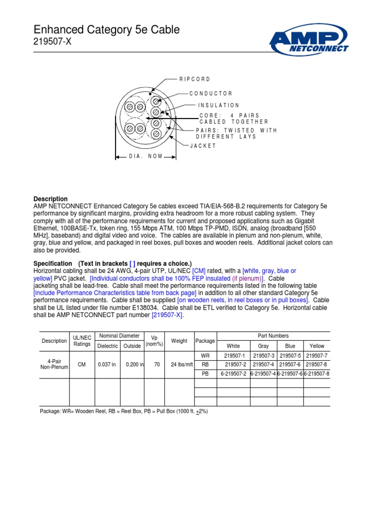Amp Enhanced Cat 5e Cable Cut Sheet Pdf Electrical Engineering