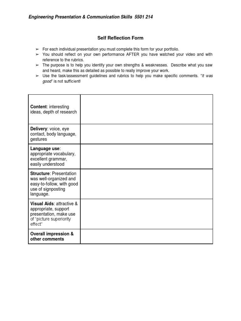 Self Reflection Form for Presentations | PDF | Business | Art