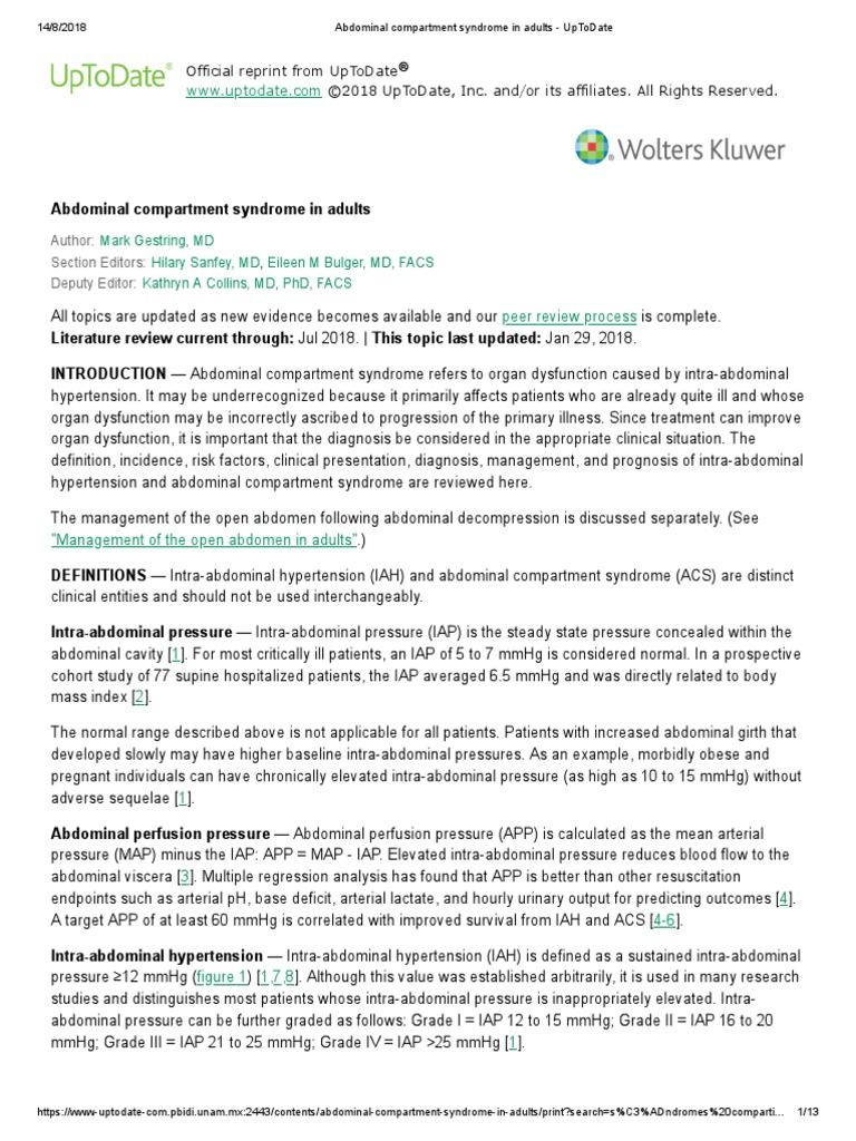Abdominal Compartment Syndrome in Adults UpToDate PDF Shock