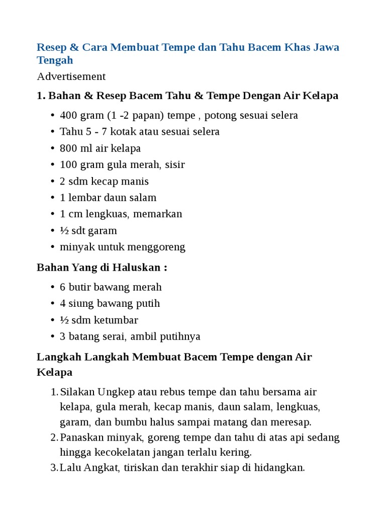 Resep Tahu Bacem Jawa