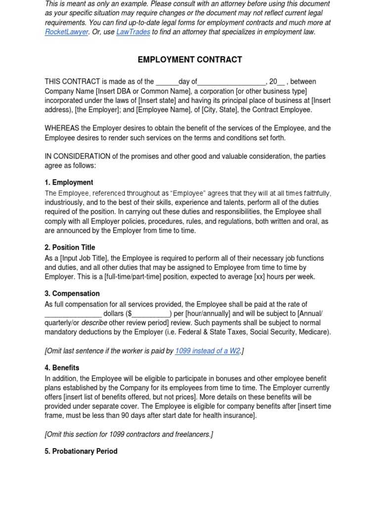 W2 Employment Contract Template PDF Employee Benefits Employment