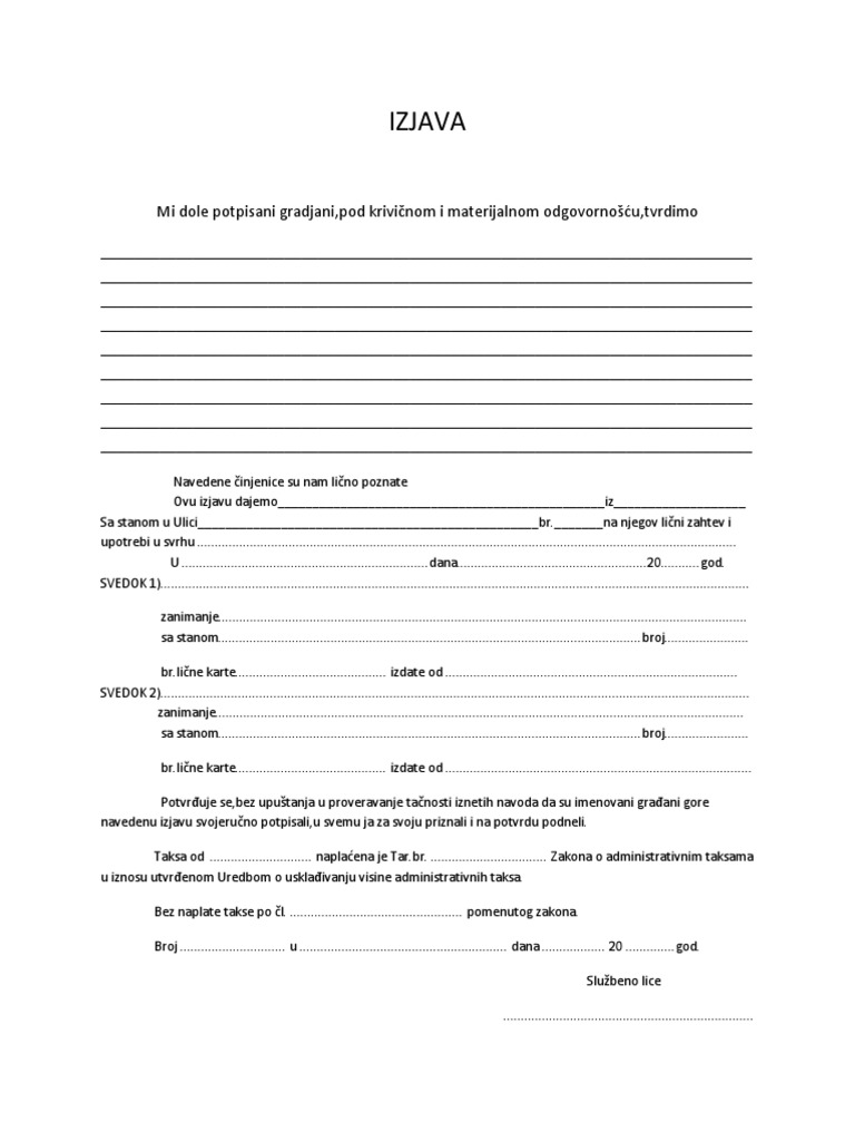 Izjava Sa Dva Svedoka | PDF