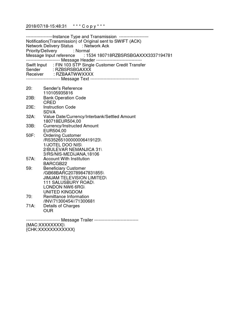 SWIFT Message Transmission Details | PDF