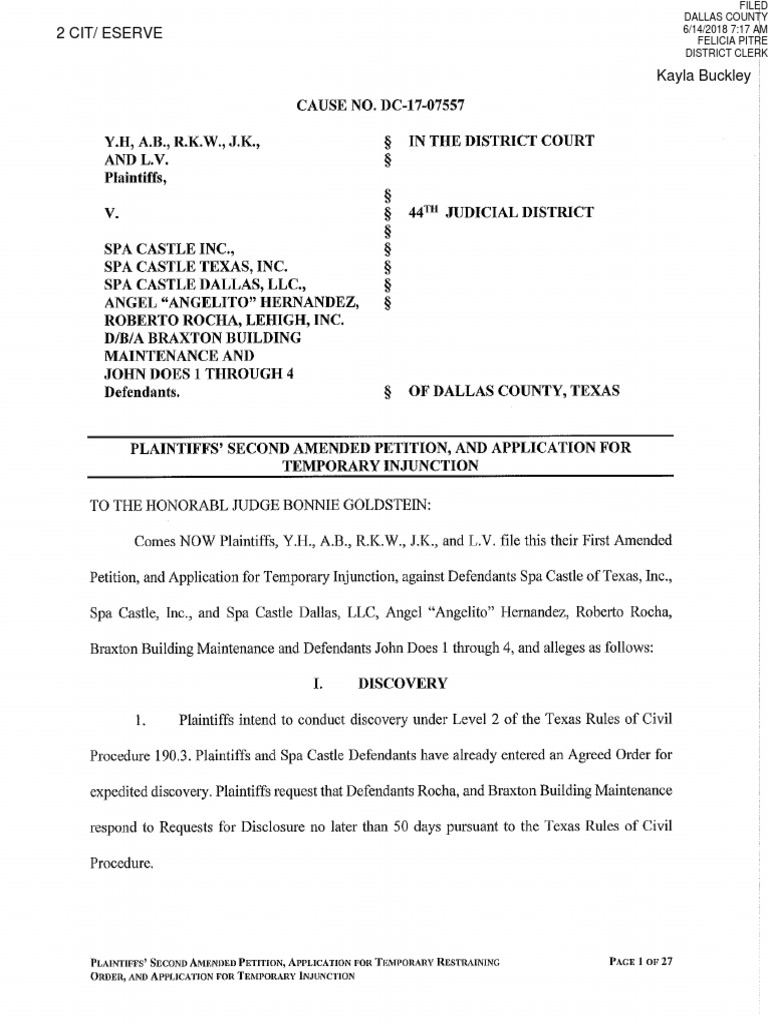 DC-17-07557 Spa Castle Lawsuit | PDF | Discovery (Law) | Spa