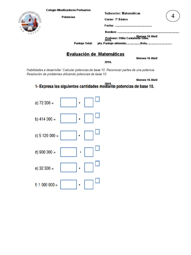 Guía Matemática 7 Potencias 7 Septimo Pdf