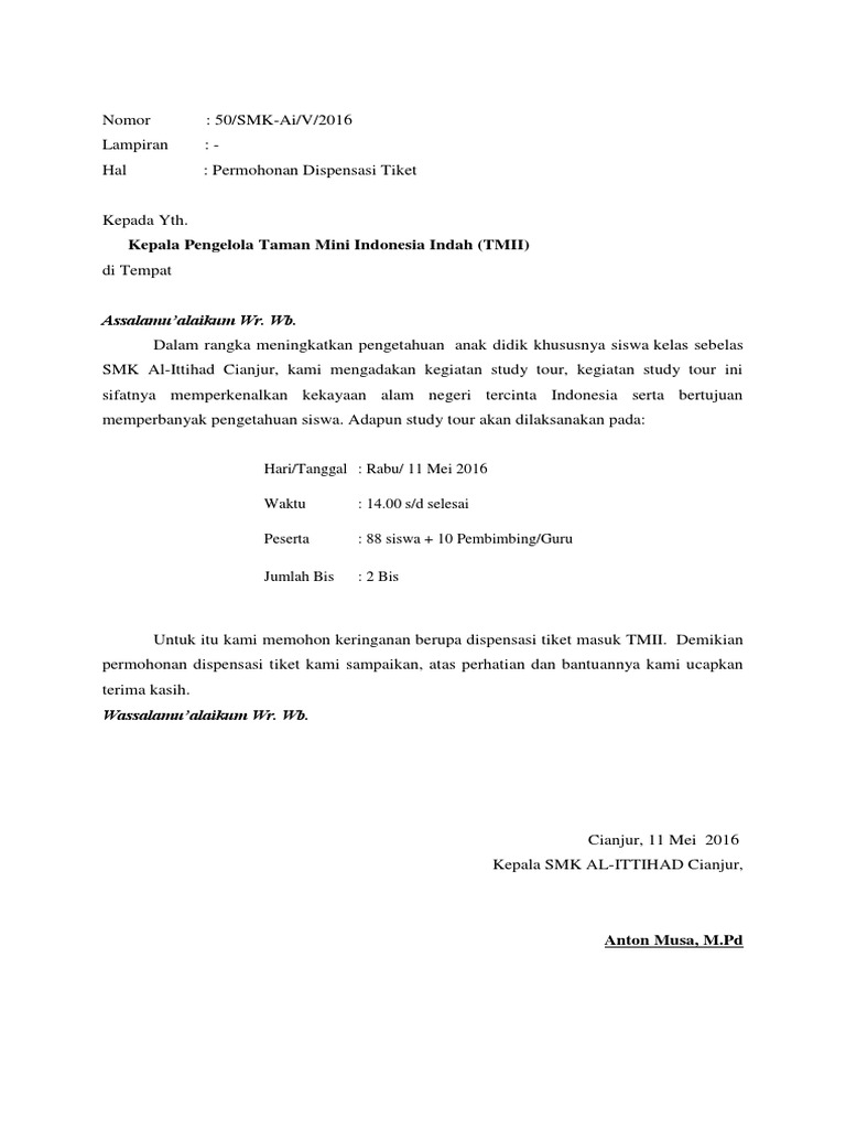 Contoh Surat Dispensasi Tiket Masuk Wisata Id Lif Co Id