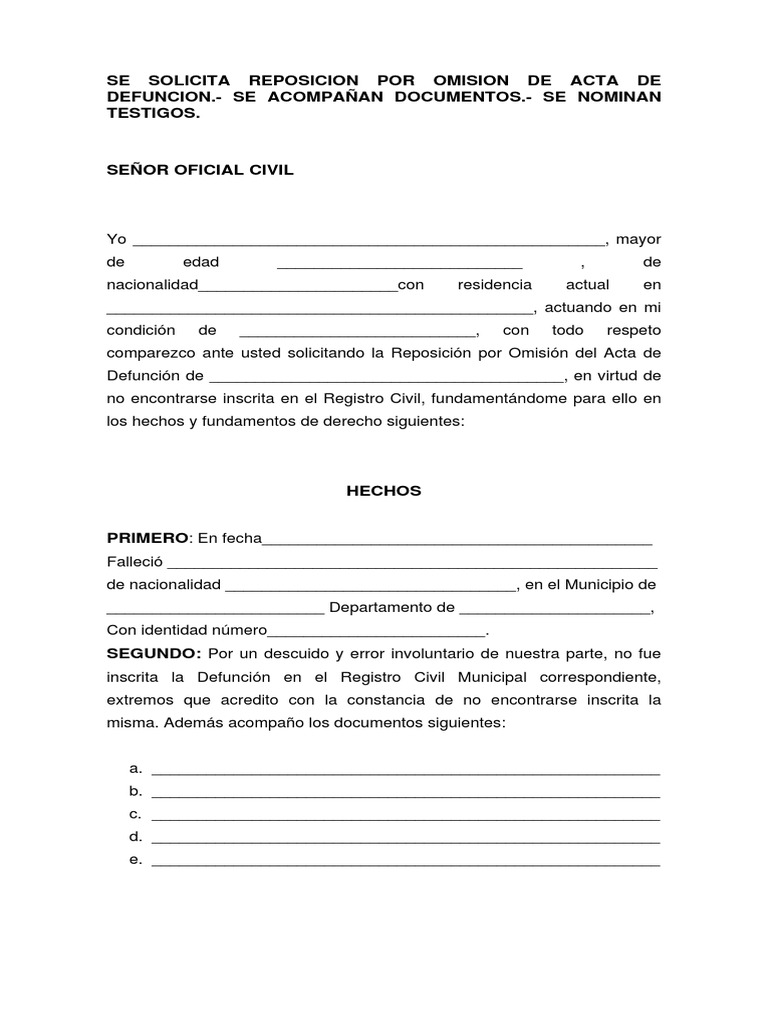 Solicitud Reposicion Por Omision de Acta de Defuncion