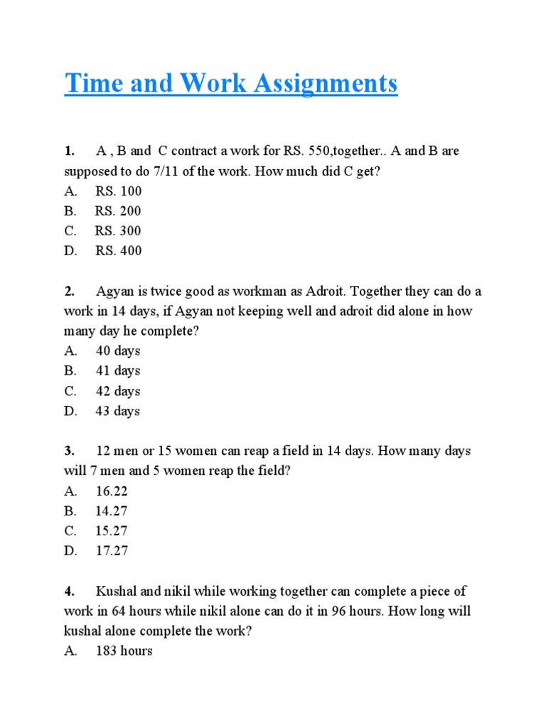 Time And Work Assignments Pdf Nature