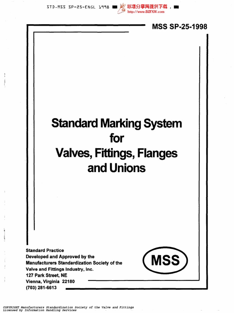 MSS SP251998 Standard Marking System for Valves, Fittings, Flanges