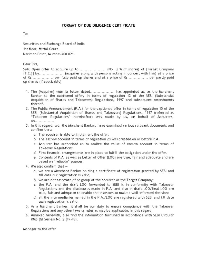 Format Of Due Diligence Certificate PDF Takeover Mergers And