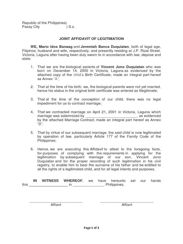 Legitimation Affidavit Marriage