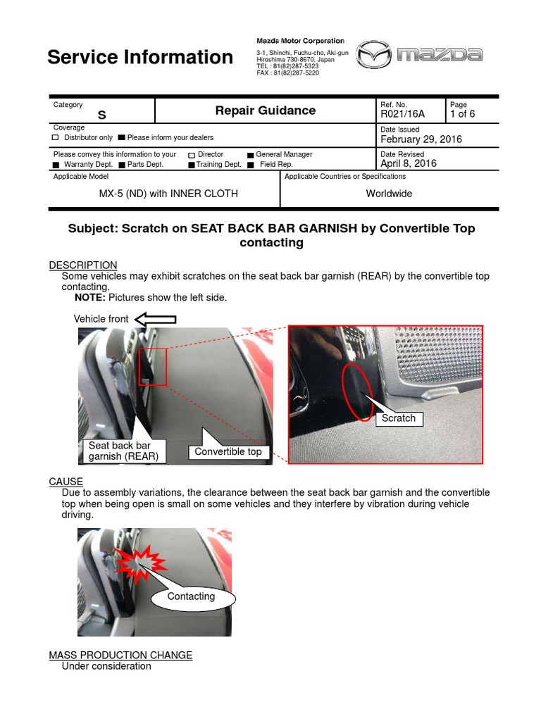 Scratch On SEAT BACK BAR GARNISH by Convertible Top Contacting PDF