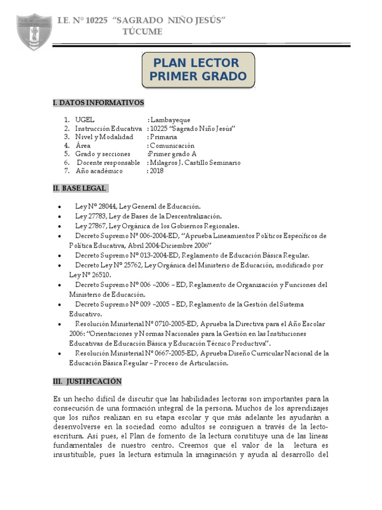 Plan Lector para Primer Grado I.E. 10225 | PDF | Lectura (proceso ...