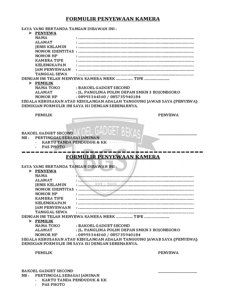 Formulir Penyewaan Kamera | PDF