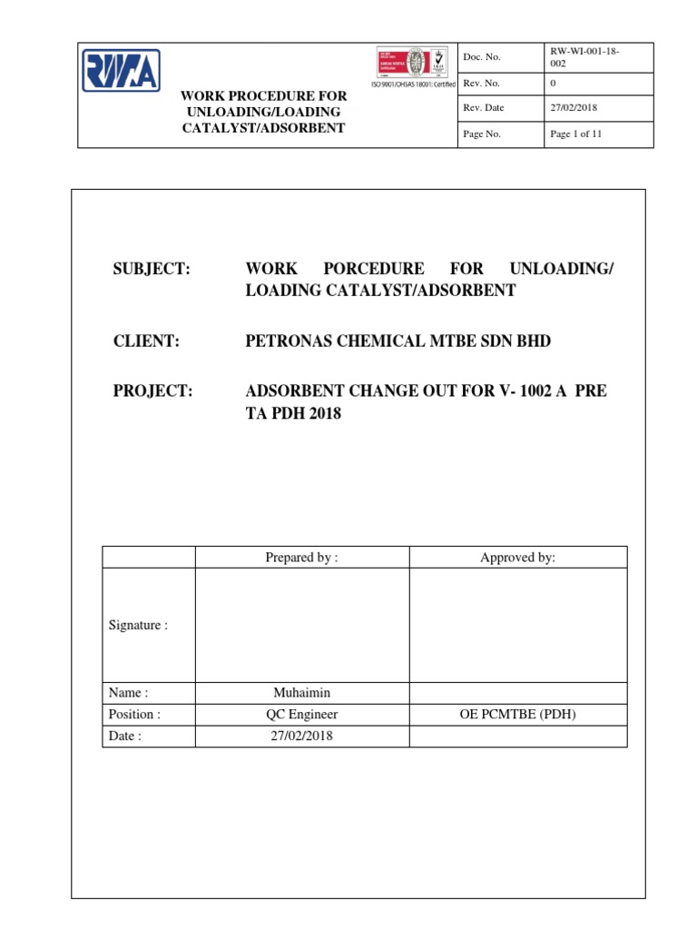 Catalyst/Adsorbent Loading Procedure | PDF | Crane (Machine) | Vacuum ...