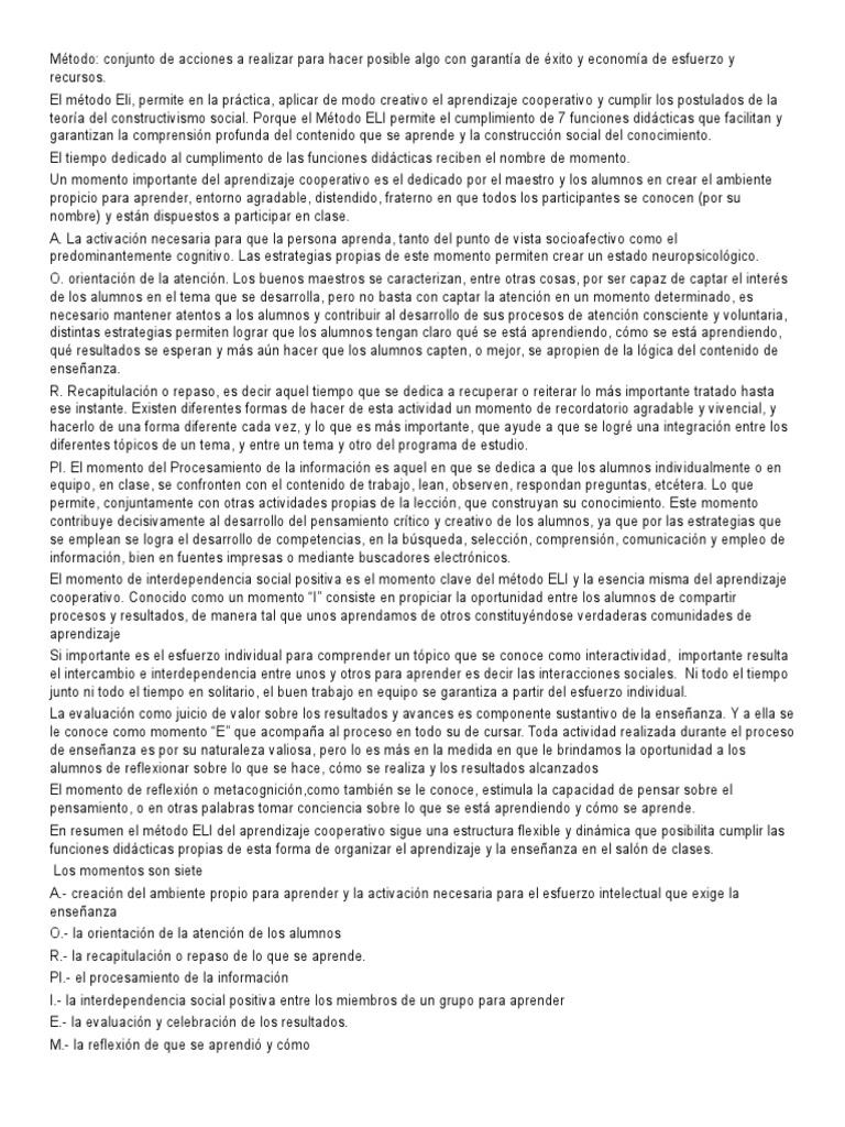 Método ELI: Aprendizaje Cooperativo Efectivo | PDF | Aprendizaje | Maestros