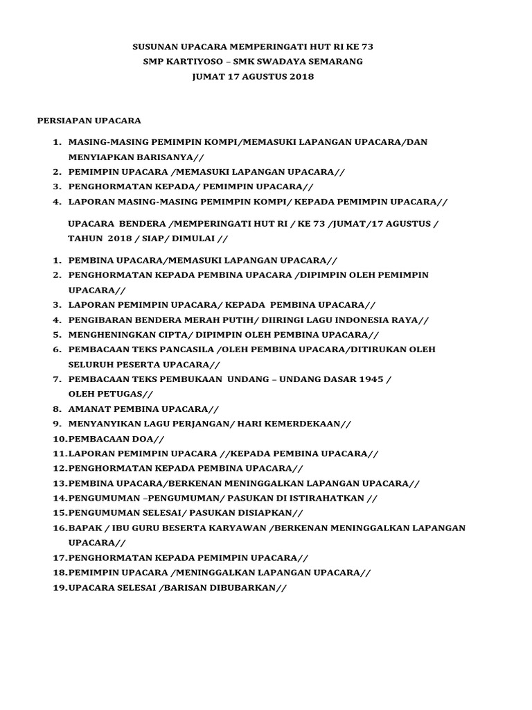 Teks Protokol Upacara 17 Agustus Di Sekolah - Berbagi Teks Penting
