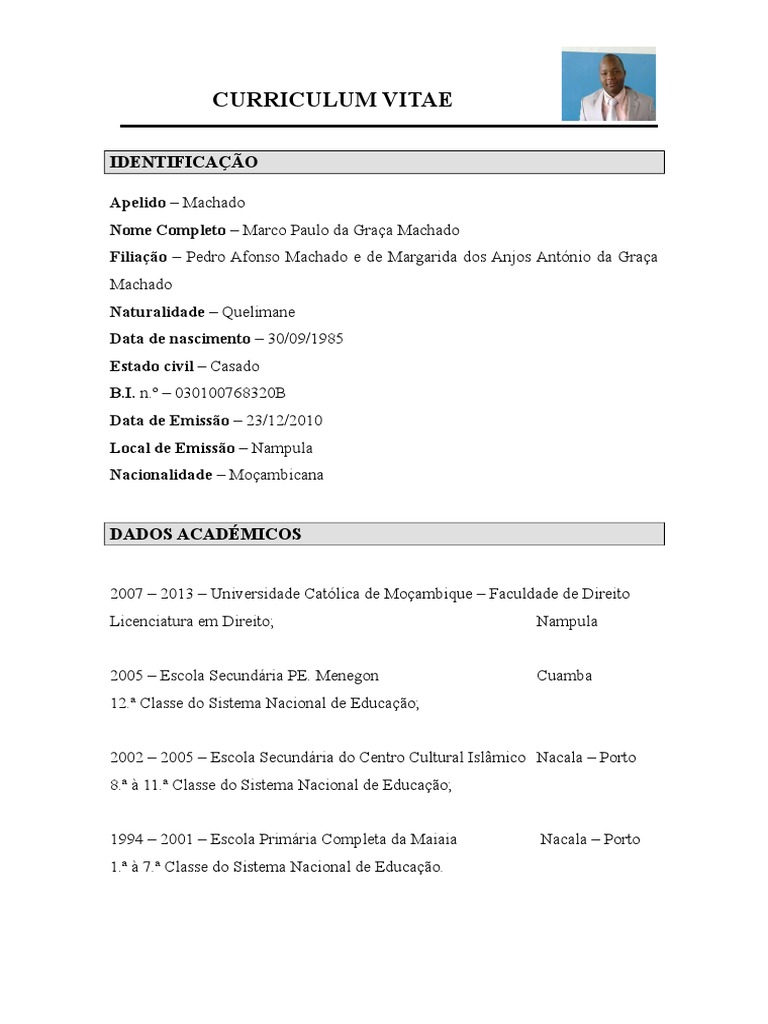 Marco Cv Em Portugues Actualizado Doc Mocambique Gestao De Recursos Humanos
