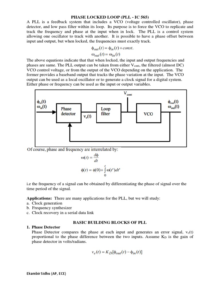 Phase Locked Loop (PLL Ic 565) Ekambir Sidhu (AP, ECE) PDF Detector (Radio) Electrical