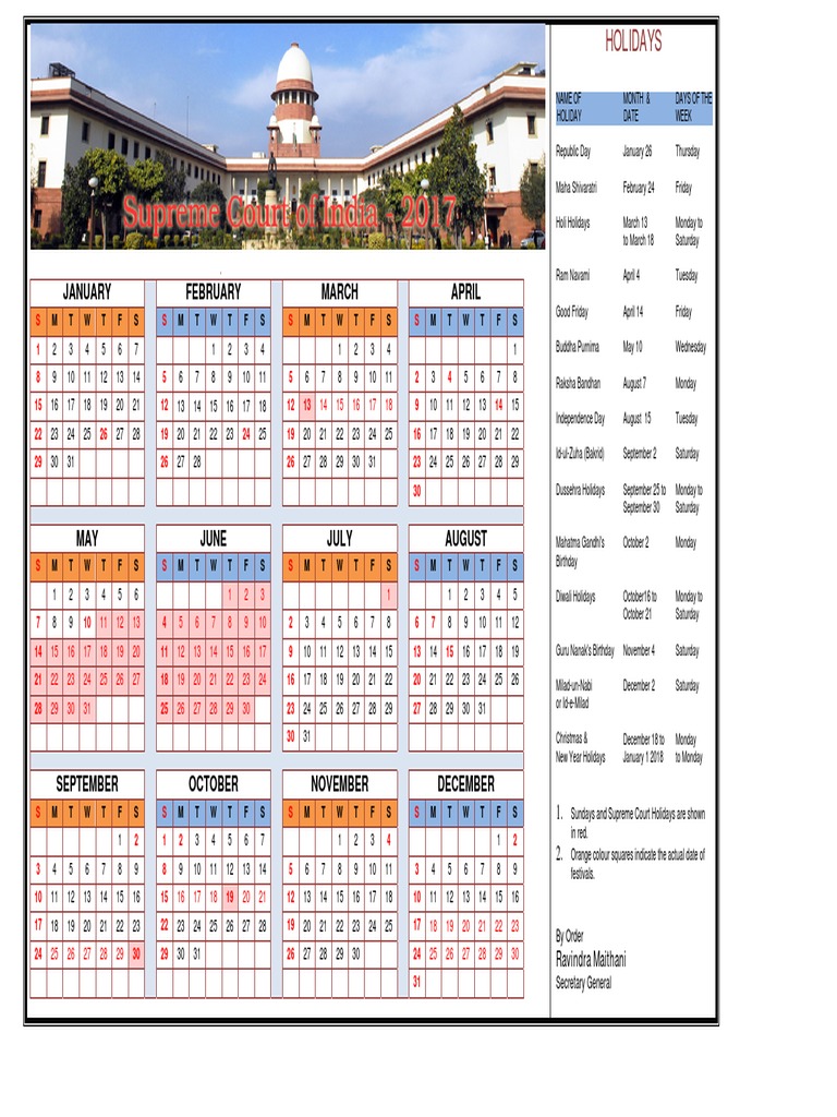 Supreme Court Calender 2017 PDF Traditions Public Holiday