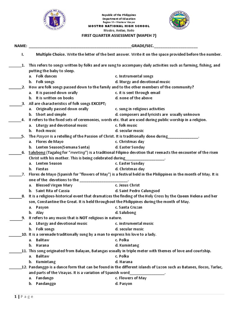 MAPEH 7 First Quarterly Assessment Musical Instruments Songs